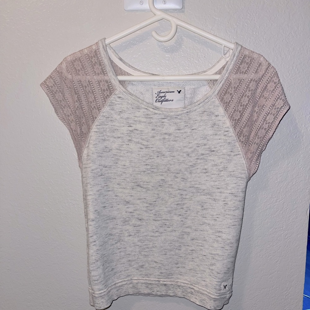 American Eagle Terry top with contrast lace sleeve size XS